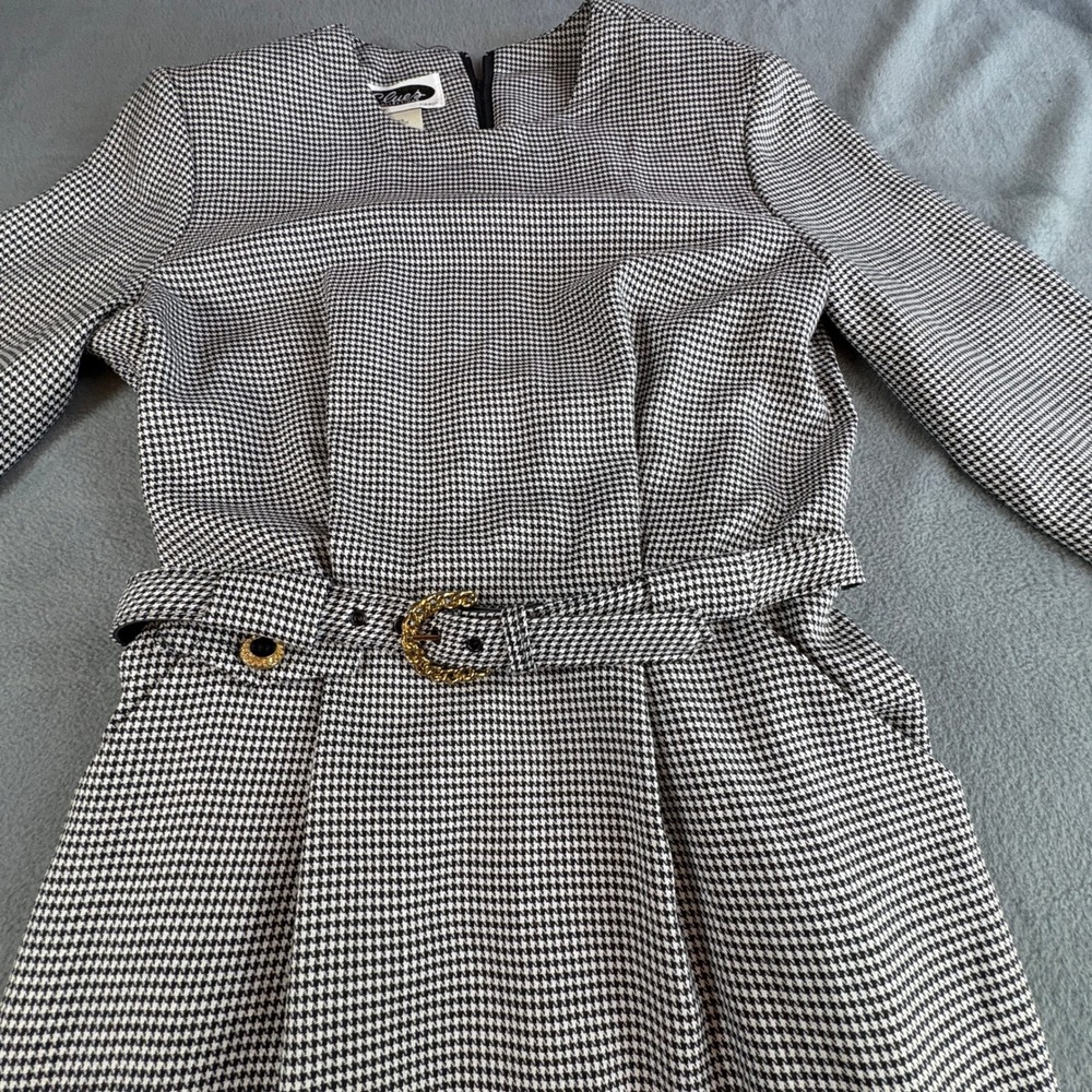 Vintage Clues Collections Houndstooth Belted Sheath Dress Black White Size 8